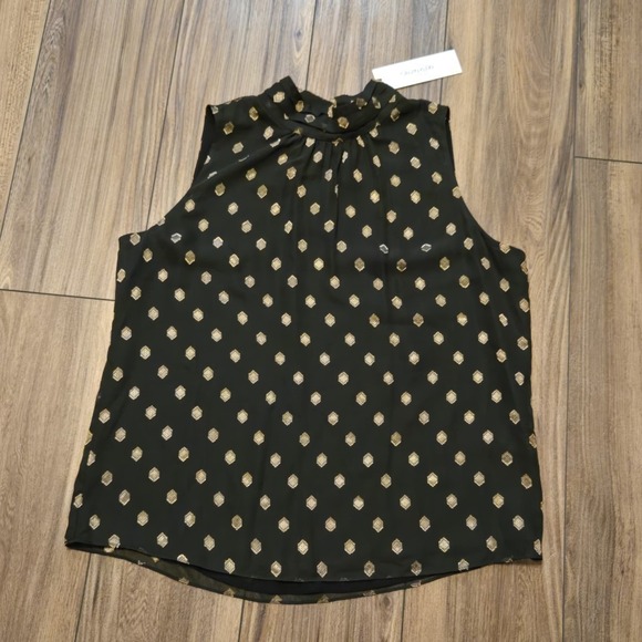 Calvin Klein NEW Sleeveless Mock Neck Blouse Black Gold Geometric Print Size L - Picture 2 of 10